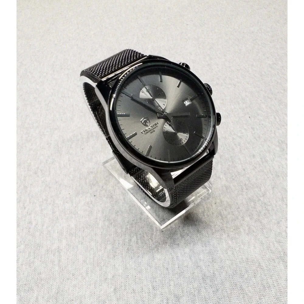 NIB Cheetah CH-1604 Mens Sport Black Mesh Stainless Steel Chronograph Watch 42mm